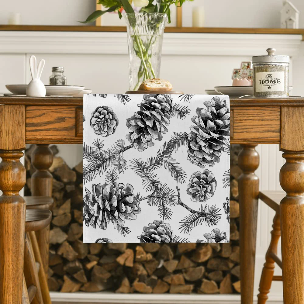 Pine Cone Pine Cedar Black and White Table Runners Dresser Table Decor Reusable Kitchen Dining Table Runner Party Decor