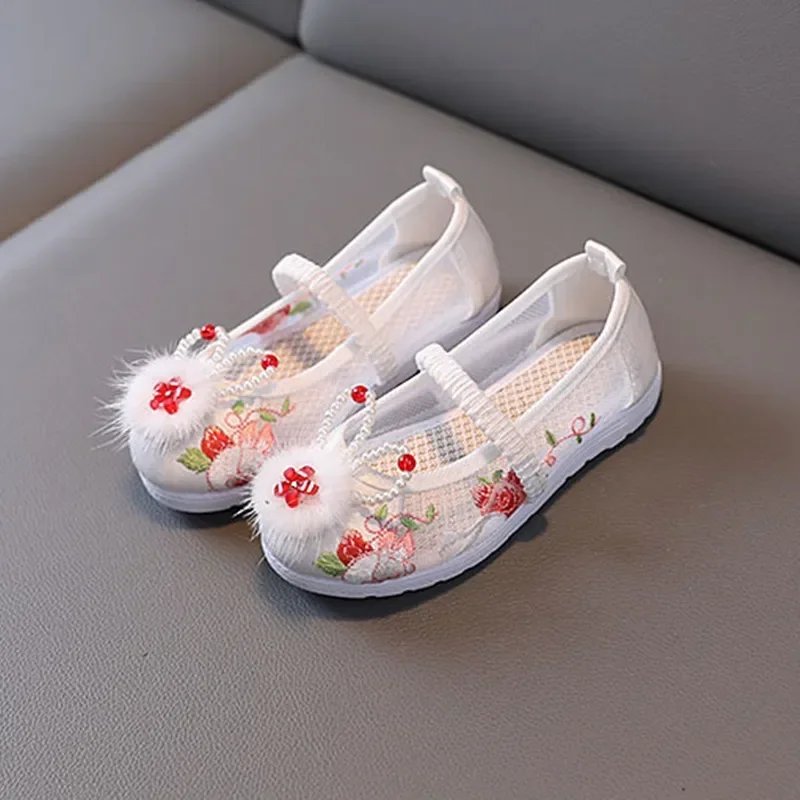 children embroidered shoes sandals vintage baby mesh shoes Chinese style Hanfu shoes rabbits beading feather 25 to 37 size