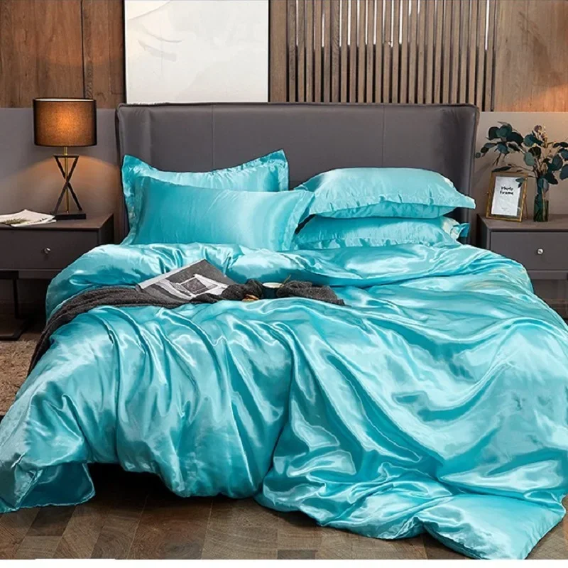 

Summer Cool Satin Fabric Bedding Linen Sky Blue Cool Touch Comfortable Fabric King Quilt Cover Bedroom Decoration Bed Sheet