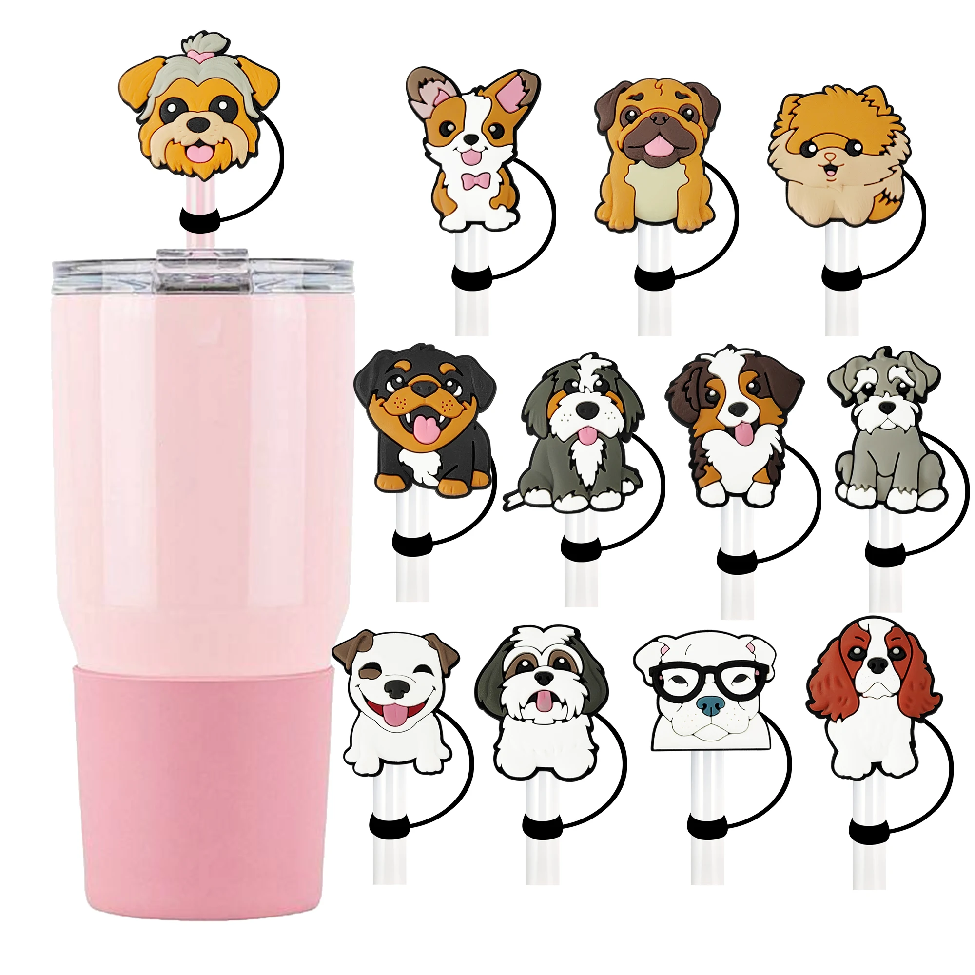1-12pcs Dog Husky Animal Lid Accessories Straw Cover Cap For Stanley Cup Reusable 10mm Silicone Straw Topper Compatible 30&40 Oz