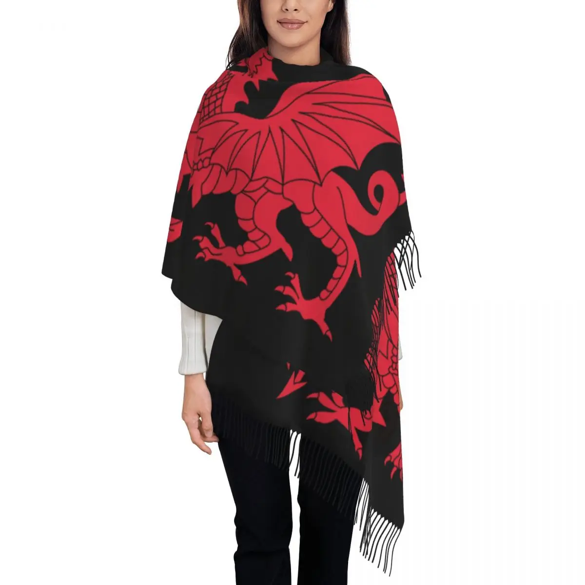 Lady Large Wales Flag Red Dragon Scarves Women Winter Thick Warm Tassel Shawl Wraps Welsh Proud Scarf