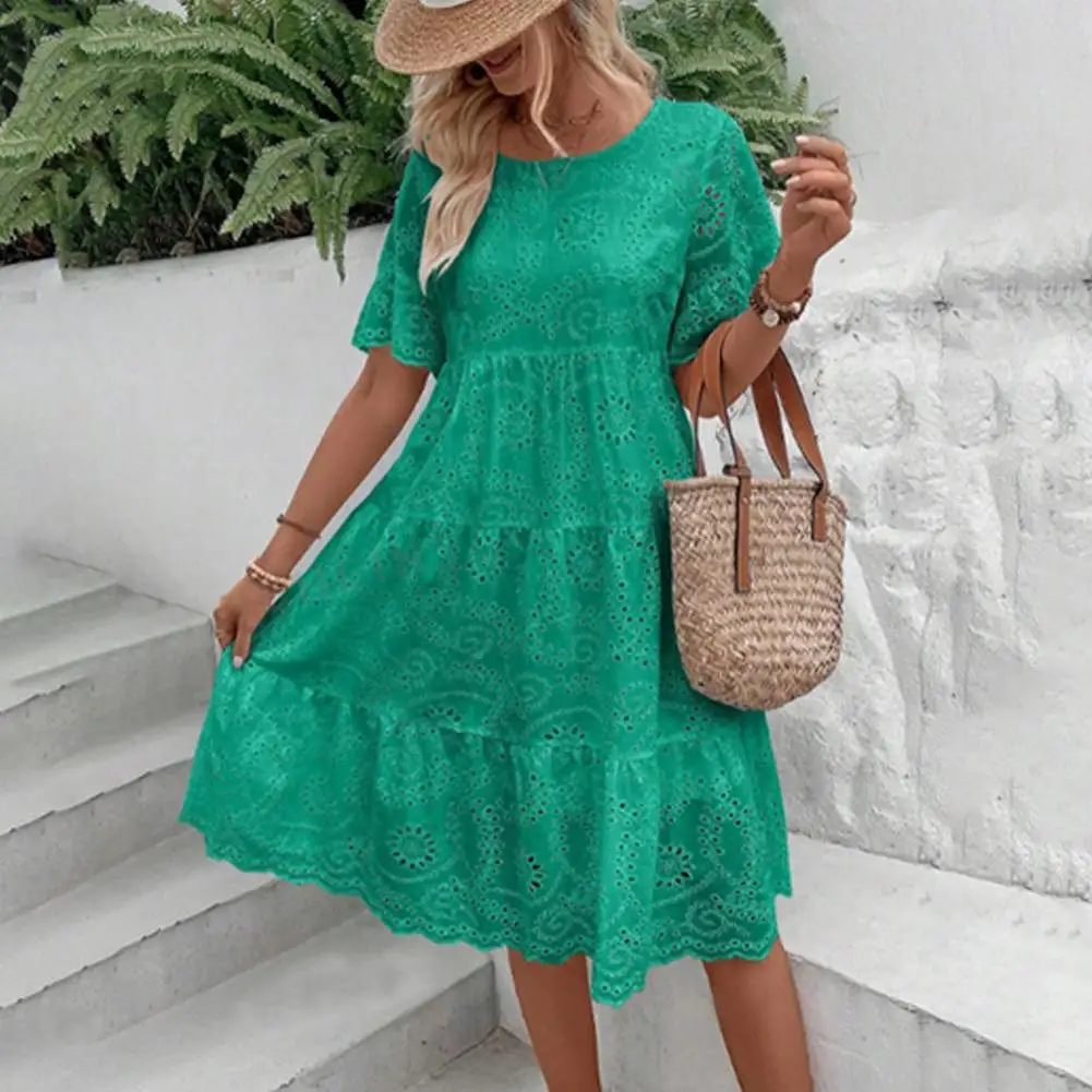 Women Dress Elegant Embroidered Midi Dress For Summer Vacations Hollow Out O Neck A-line Pleated Patchwork Short Horn Sleeves