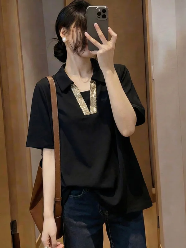 

Elegant Black Sequin Neck Short Sleeve T-Shirt Women's plus Size Mid-Length Top Korean Style Commute Fashion 2026 Summer...