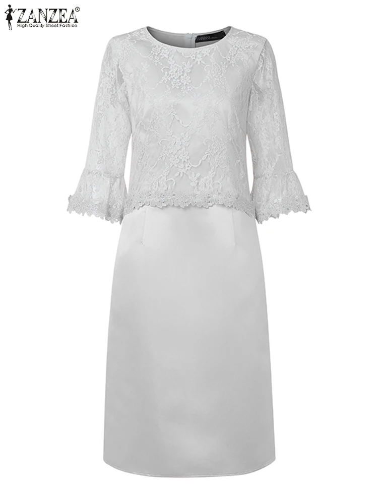 ZANZEA Elegant Women Office Lace Dress 2025 Summer Satin Knee-length Sundress Robe Casual 3/4 Sleeve Solid Party Vestidos Femme
