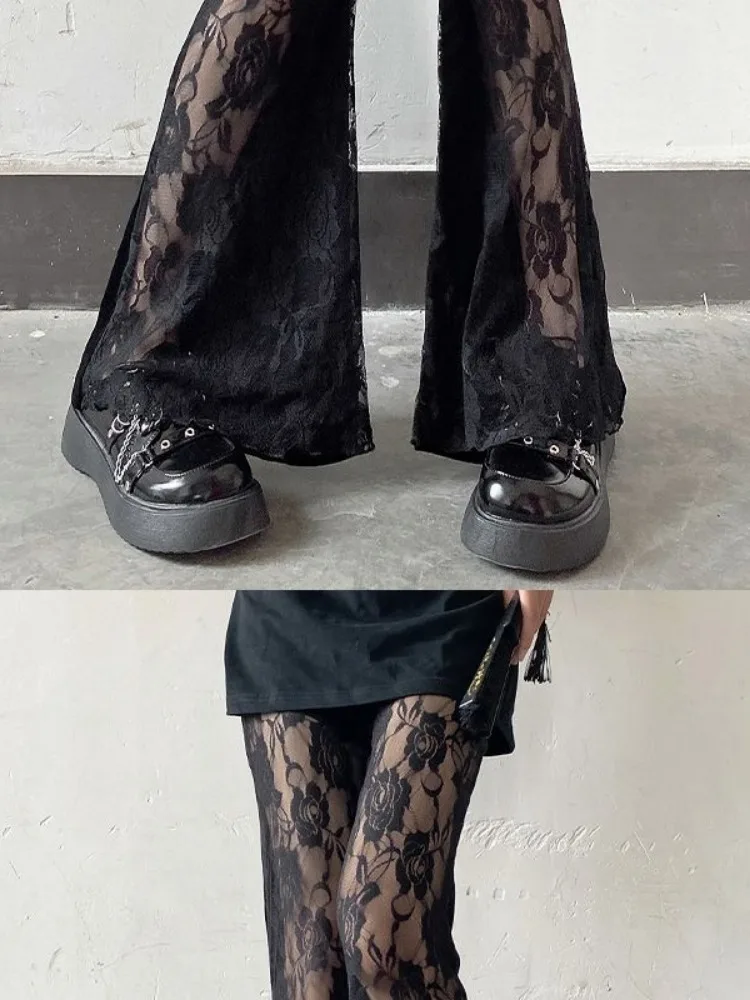 Voir à travers Y2k esthétique Streetwear pantalon décontracté été mince Patchwork dentelle pantalon Vintage taille haute Sexy Streetwear pantalon