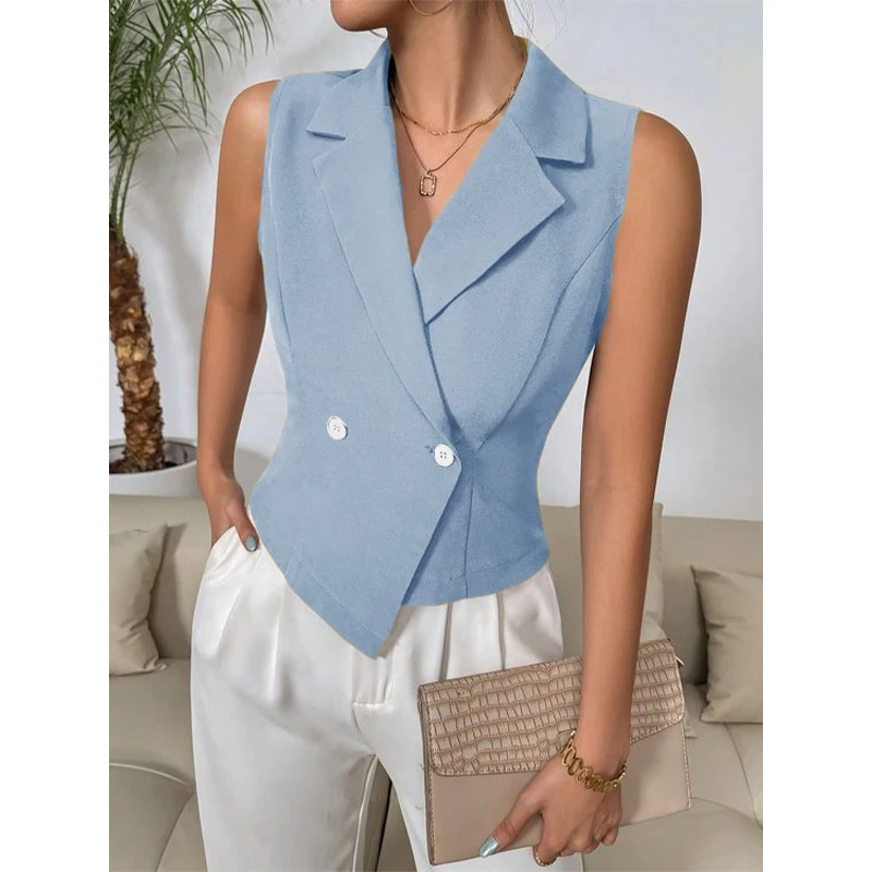 Fashion Women\'s Sleeveless Vest Women Waistcoat Suit Lapel Casual Jackets Two Button 2000s Tops Female Clothing 신상아우터