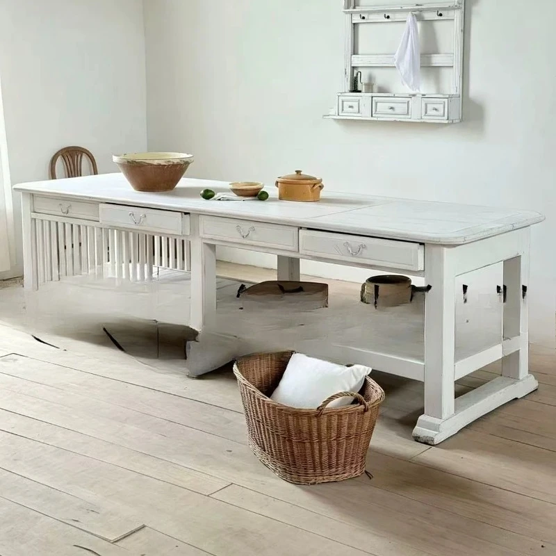Country Kitchen Workbench Old White Island Platform Solid Wood Display Bar Double Layer Storage Dining Table