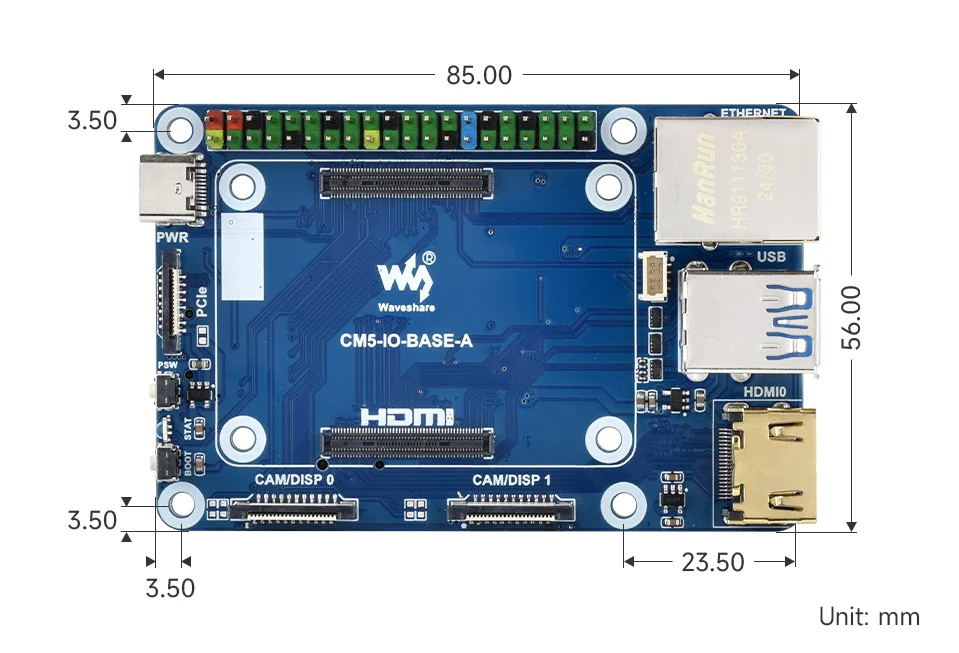 CM5-IO-BASE-A, mini-basisbord (A) ontworpen voor Raspberry Pi Compute Module 5, geschikt voor het evalueren van de Raspberry Pi CM5