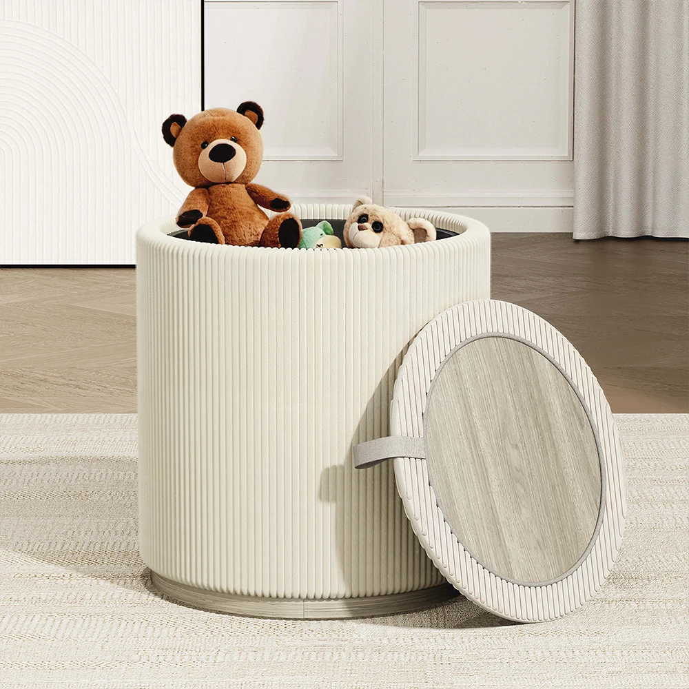 Round Storage Stools＆Ottomans Makeup Vanity Organizer Chair with Removable Lid Wood Upholstered Footrest for Living Room Bedroom image 2