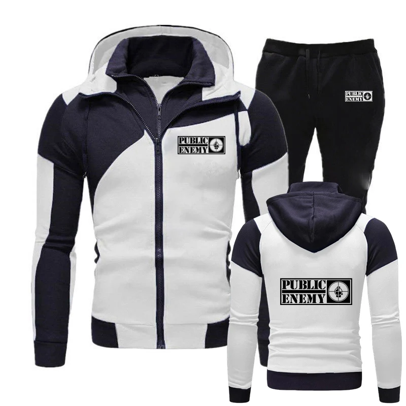 

Public Enemy Print 2025 New Spring And Autumn Mens Double Zipper Splicing Hooded Sweatshirt+Popular Sweatpants Suit