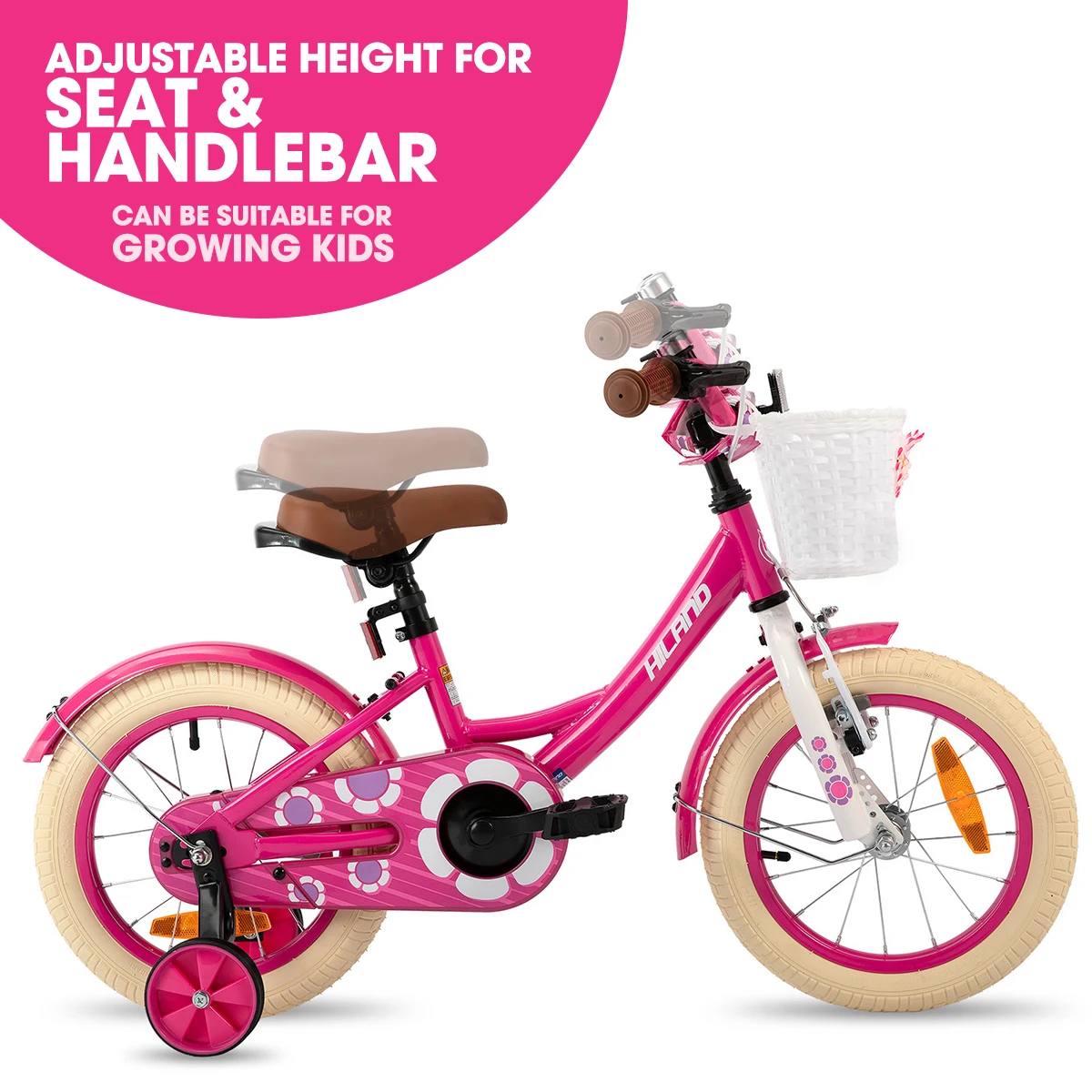 Bicicleta HILAND para meninas para crianças e crianças de 2 a 7 anos, bicicleta infantil de 12 14 16 polegadas para meninas com cesta de rodas de treinamento, rosa