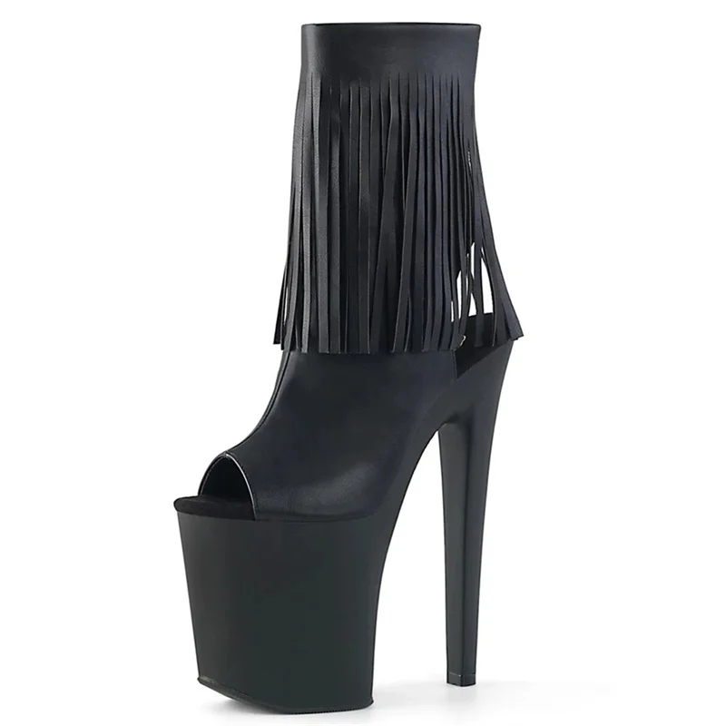 

​20CM Fringe Peep Toe Ankle Boots Black, Swing Tassel Platform Stiletto Heels with Chunky Sole, Rocker Chic Party Shoes​