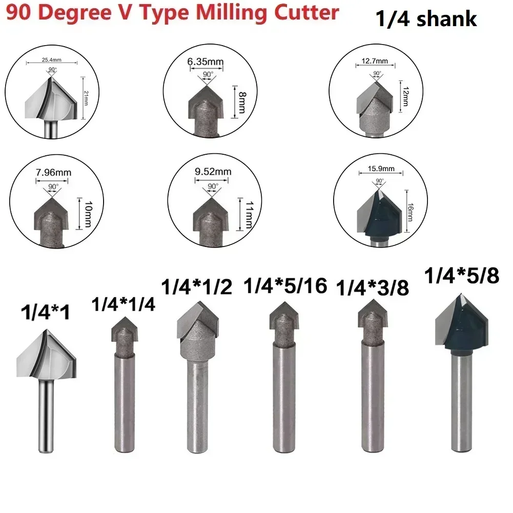 Brocas enrutadoras, juego de grabado CNC de 1/4 pulgadas, 6,35mm, 42-53mm, biselado de 90 grados, ranura en V de acero sólido endurecido