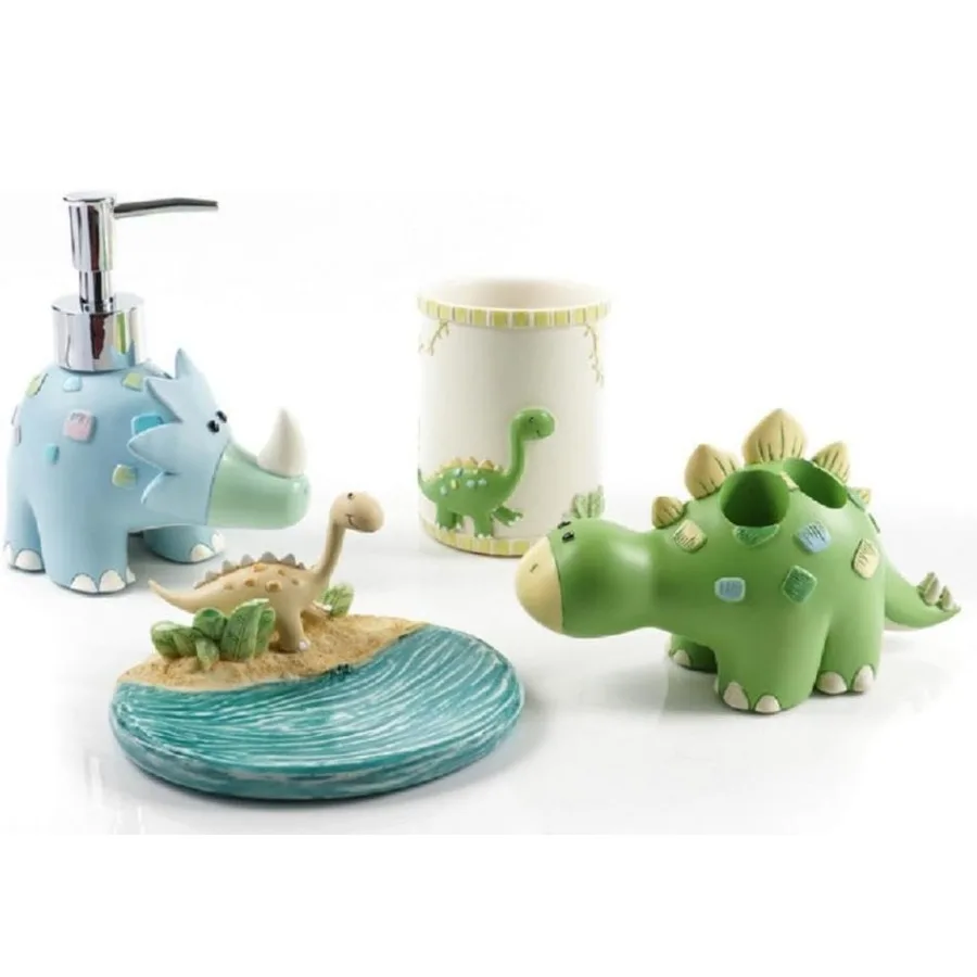 

Набор аксессуаров для ванной комнаты в мультяшном стиле: дозатор для мыла, подставка для зубных щеток, стакан, декоративная чаша из полимерной смолы