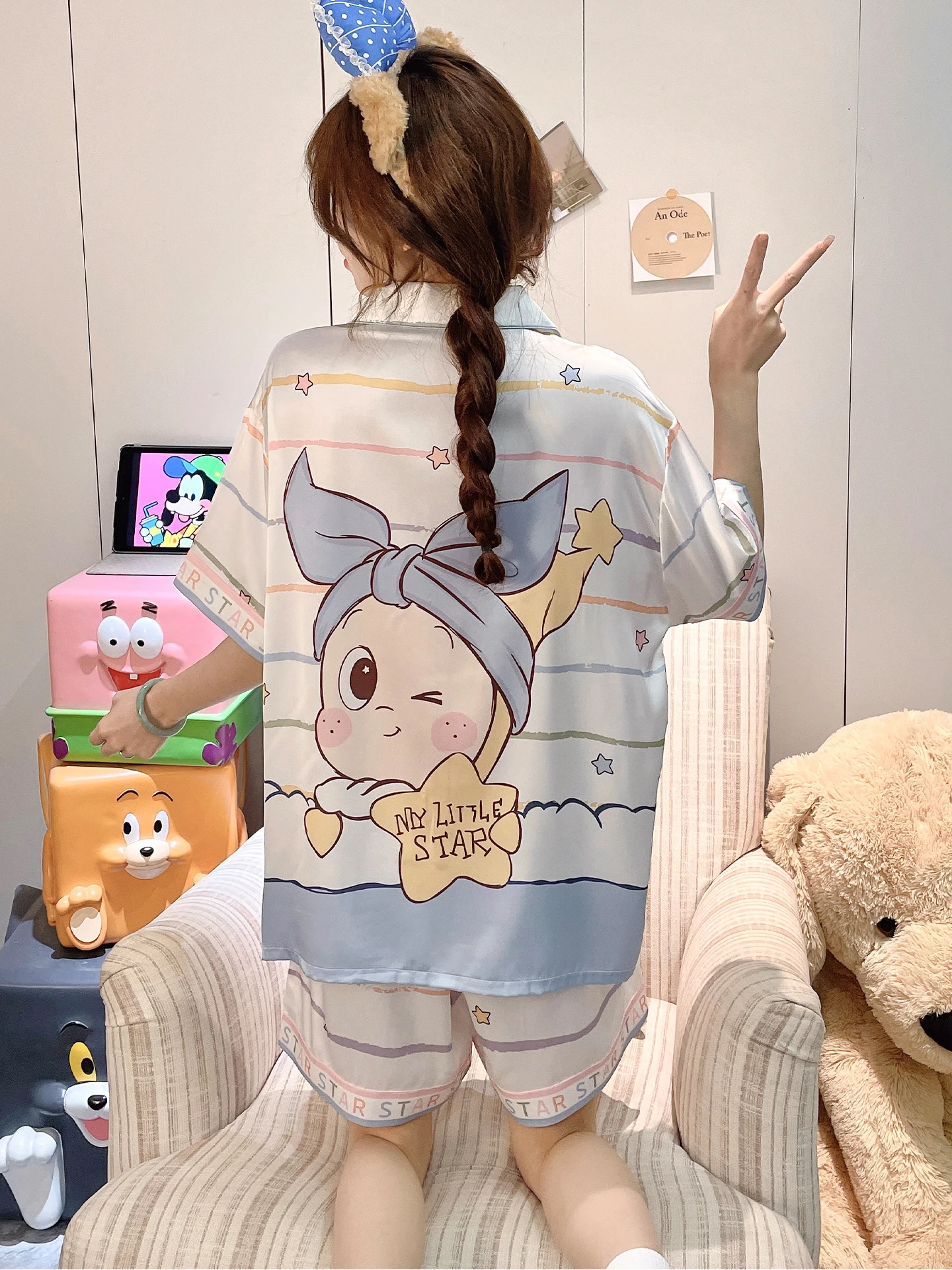 アイスシルクパジャマ-レディース-半袖-ゆったりとしたフィット感-涼感-大きいサイズ-女の子-十代-中学生-ホームウェア