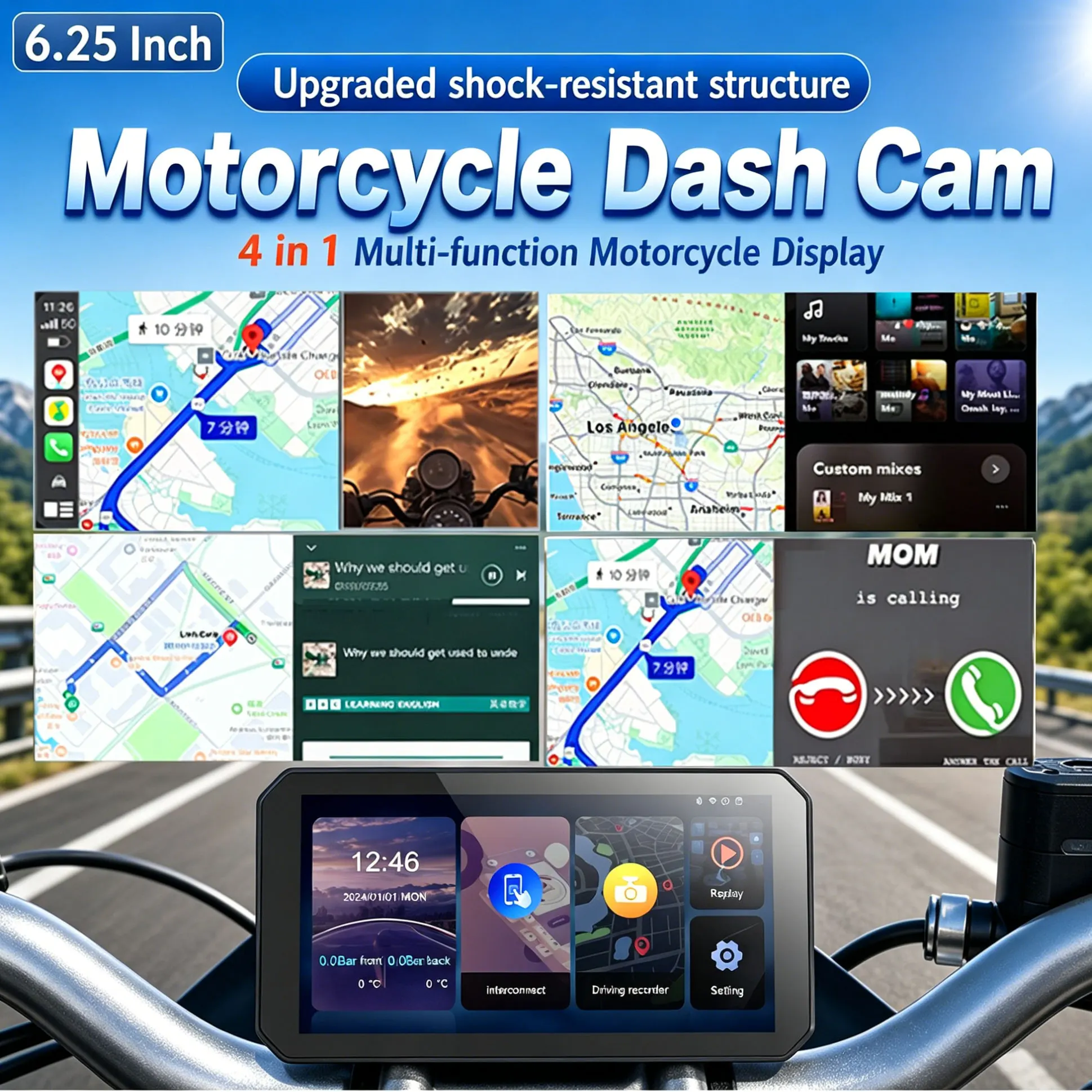 6.25-inch Motorcycle Dashcam,Navigation for BMW S1000RR, M1000RR, with 1080P Dual Camera , Wireless CarPlay IP67 Waterproof