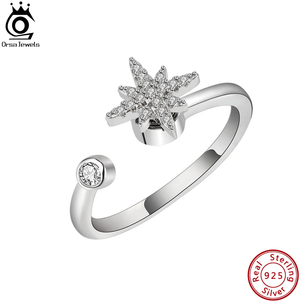 

ORSA JEWELS Real 925 Sterling Silver Rotatable Flower Rings with AAAA Cubic Zirconia for Women Open Finger Rings Jewelry SR291