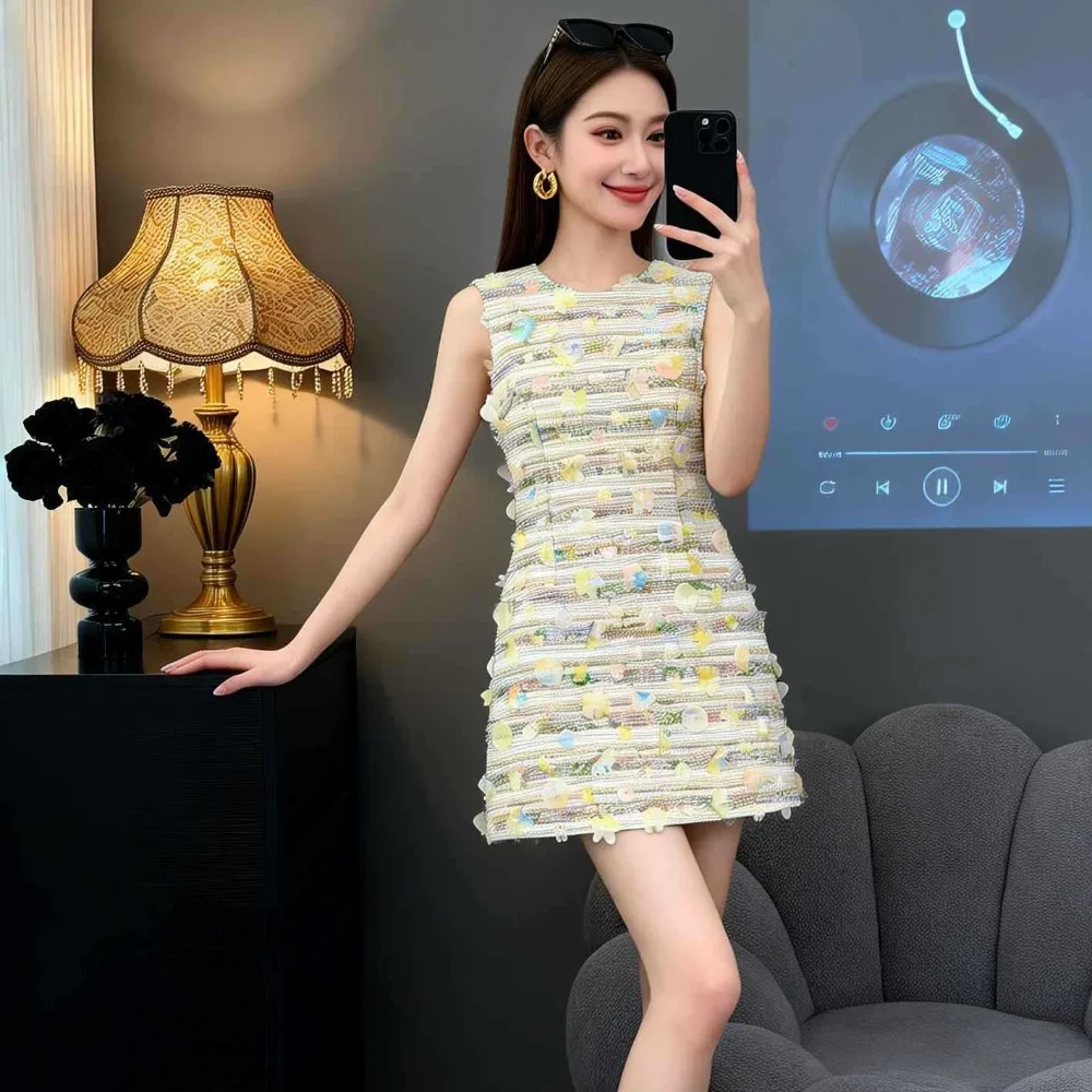 

Sweet Rainbow Striped Tweed Dress 3D Petal Sleeveless Waist A Line