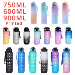 3Sizes Sports Water Bottle Gradient Color Motivational Bottle with Time Marker Leak-proof Cup Gym Outdoor Drinkware