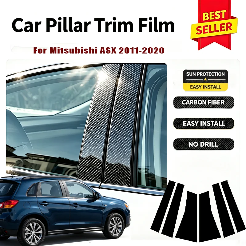 For Mitsubishi ASX 2011-2020 6pcs Glossy Black Carbon Fiber Window Door B C Pillar Post Cover Sticker