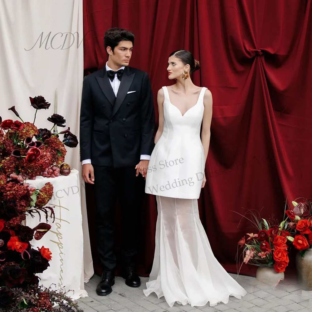 V Neck Wedding Dress Satin Mini Spaghetti Strap A Line Minimalist Separates Elopement Bridal Gown robe de marié Customized