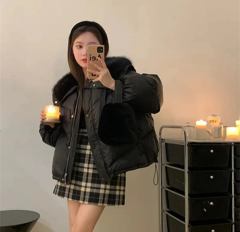 Vrouwelijke nieuwe Winter Dons katoen Korte Gewatteerde Jas Vrouwen Parka Bontkraag Dikke Katoenen Jassen Kleding Zwart Casua
