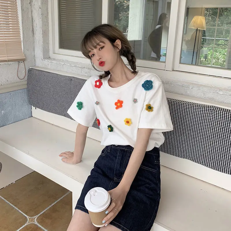 Knitting Flowers T-shirt 2024 New Women Fashion Sweet T Shirt Students Casual Loose Tee Top Female Short Sleeves T-shirt 3XL