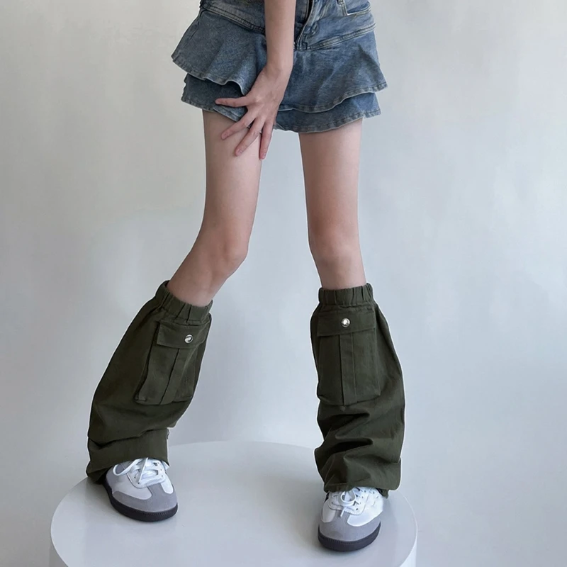 Women Punk Baggy Loose Cargo Leg Warmers Harajuku Flared Foot Covers with Pocket