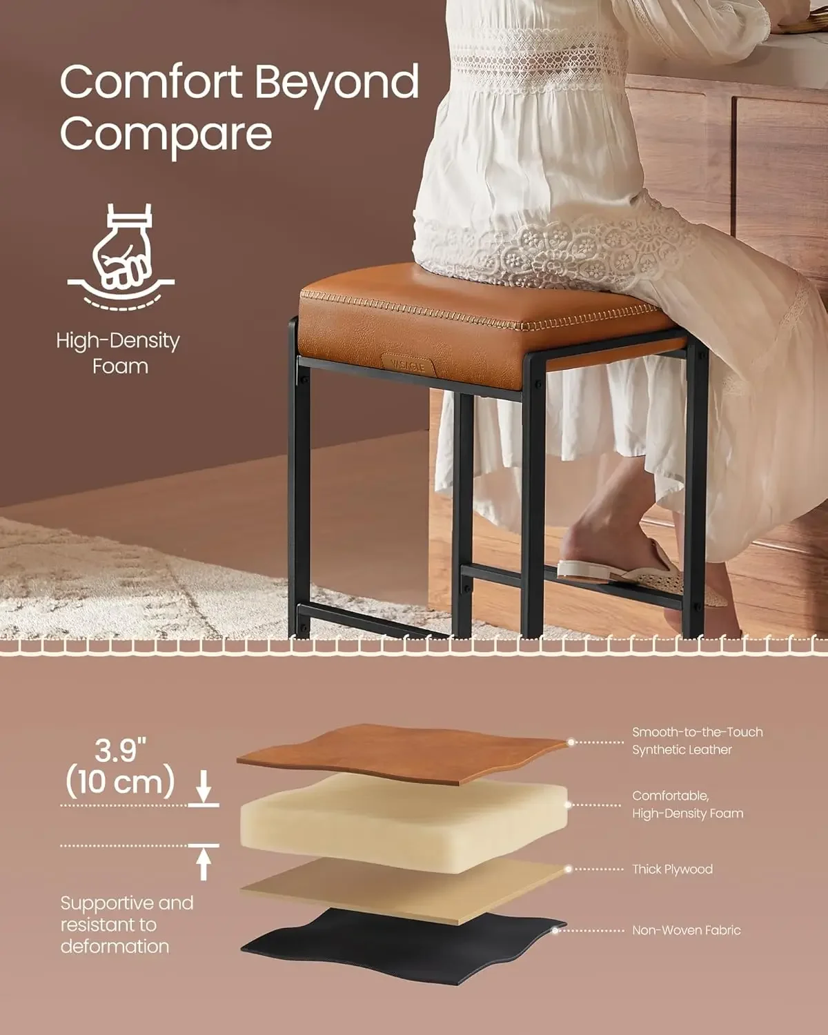 Bar Stools Set of 4, Counter Height Bar Stools, Synthetic Leather with Stitching, Mid-Century Modern Counter Stools