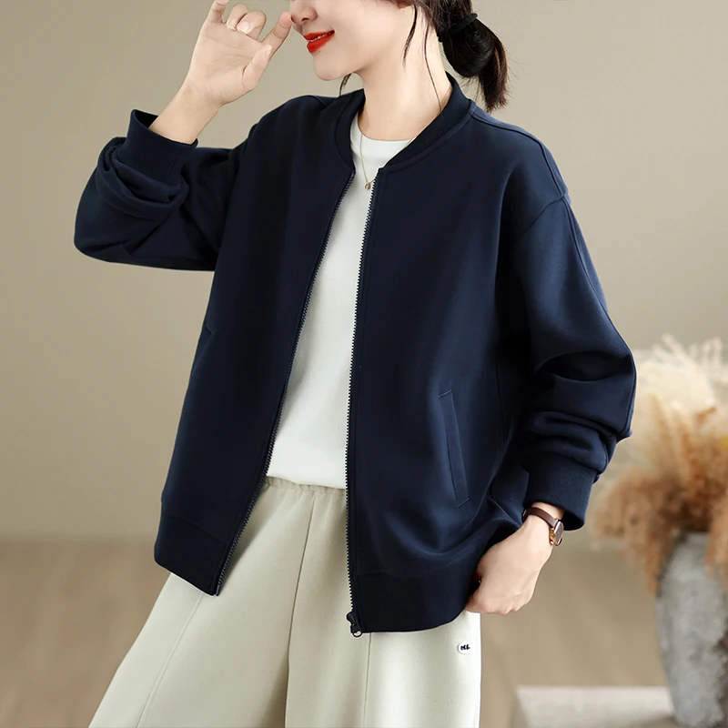 Loose Fit Baseball Collar Zipper Short Sweatshirt Jacket Women's Casual Style Polyester Cotton Blend Thickened Regular Length