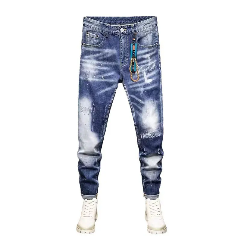 Street Fashion Men Jeans Retro Blue White Washed Stretch Skinny Fit Ripped Jeans Men Vintage Designer Hip Hop Denim Pants Hombre