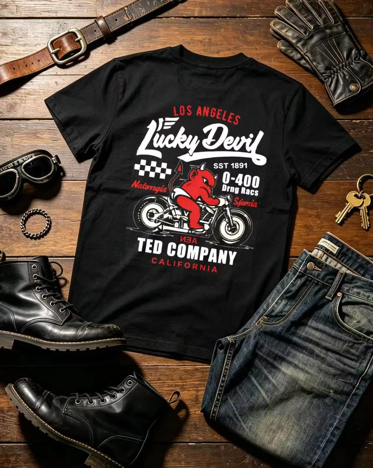 White Ted Lucky Los Angeles Devil Drag Race Biker T-Shirt Cotton Graphic Tee Men Women Summer Streetwear