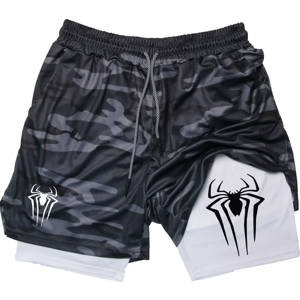 M-3XL Men\'s Spider Printed Summer Shorts, Casual Sports Tight Shorts, Training Running Mesh 2-in-1 Sports Shorts