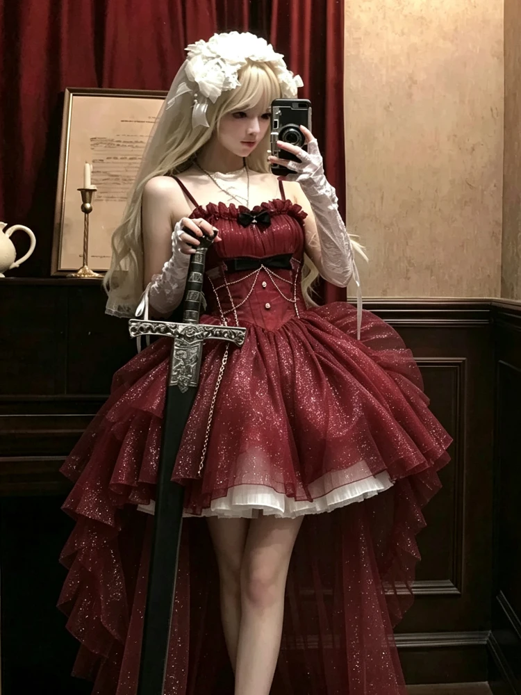 Vintage Princess Gothic Red Lolita JSK Dress Spaghetti Strap Ruffle Tulle Skirt with Chain Bow Decor High‑Low Hem for Women