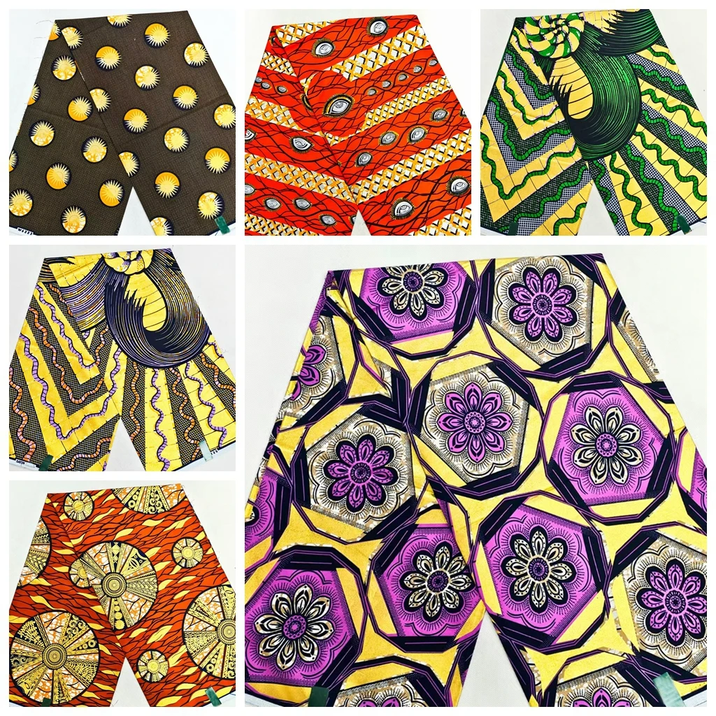 جديد لينة مادة القطن الساتان الأفريقي الديباج الأزرق الملكي الذهبي يطبع نسيج القطن Pagne الاشياء الشمع الأقمشة المنسوجة 6 ياردة