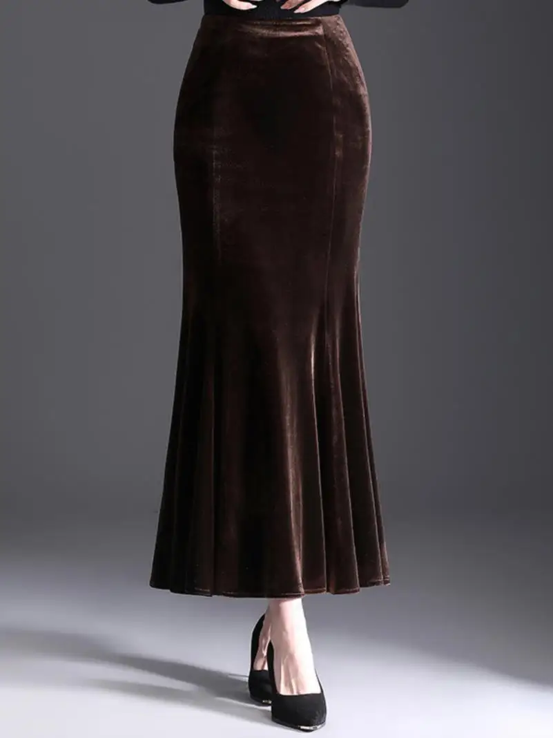 

High-Quali Long Velvet Fi Tail Skirt Ele Drapey f-length Autumn Winter New Sle High-waisted A-line Skirt