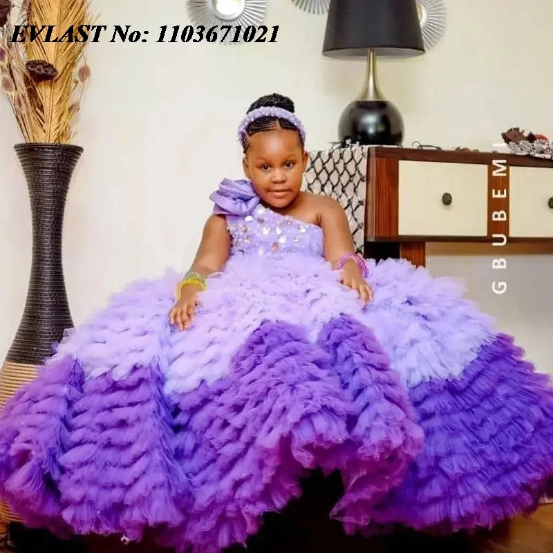 EVLAST Customized Purple Flower Girl Dress For Wedding Tiered Toddler Girls Pageant Dress Kids Birthday Communion Gown FD76