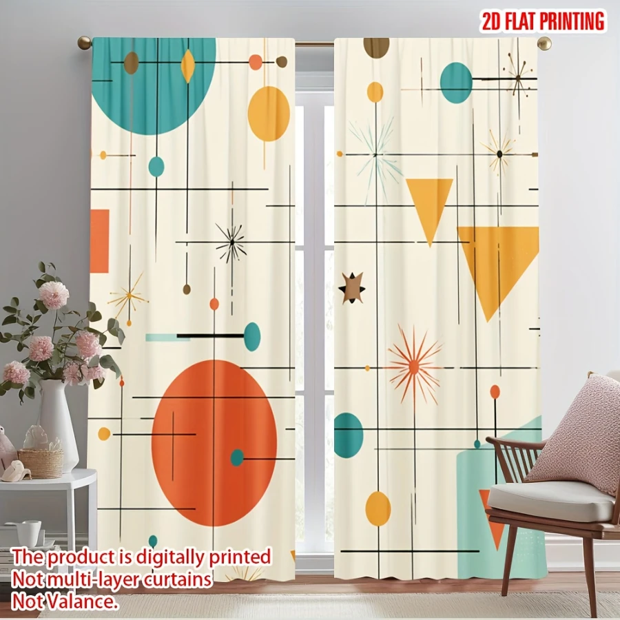 2PCS Digital Printing Curtains, Mid Century Modern Geometric Circle Triangle Starburst Pattern, Retro Atomic Style Window Decor