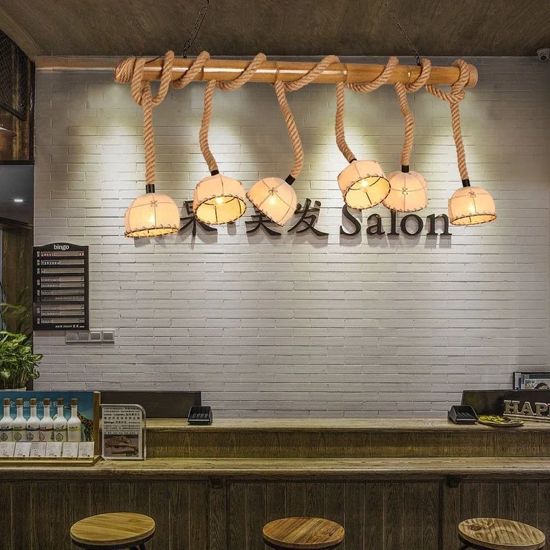 Handmade Woven Bamboo Lamp Creative Personalized Restaurant Lampshade Three Headed Hemp Rope Pendant Light For Dining