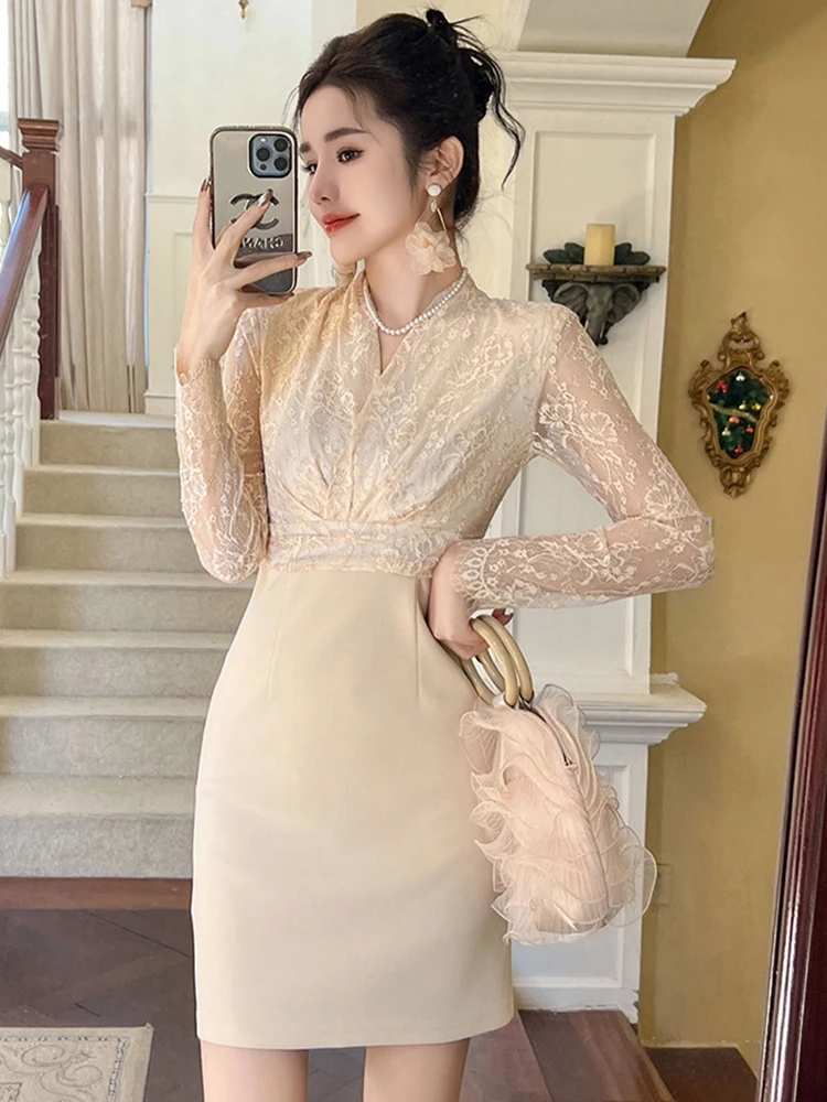 Celebrity Style Fake 2 Piece Dress for Women Elegant Sheer Lace Splice Bodycon Short Gown Party Date Vestidos Banquet Clothes