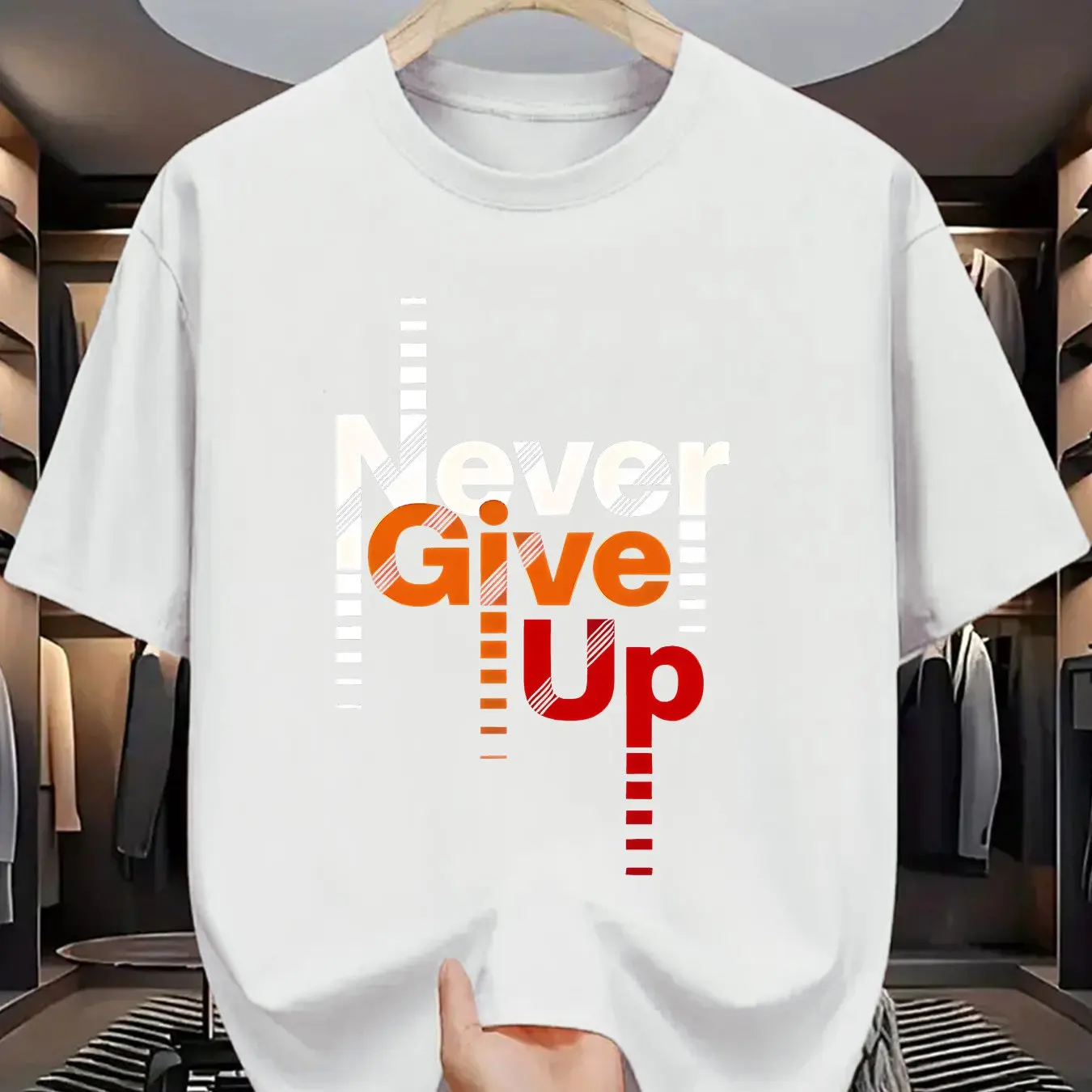 T-Shirt de motivation pour hommes, jamais abandonner, marron avec lettrage rouge Orange, tissu respirant pour salle de sport, tenue décontractée, vêtements pour hommes