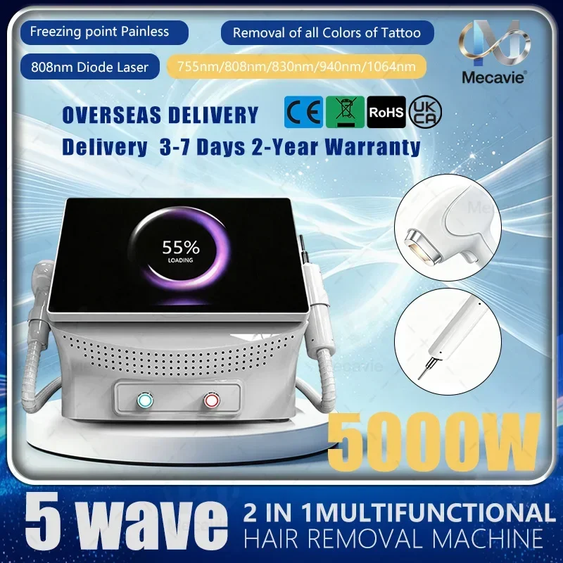 808nm Diode Laser High Efficiency Hair Removal Machine 5 Waves Painless Permanent Portable 5000W Beauty Salon Cooling Handle