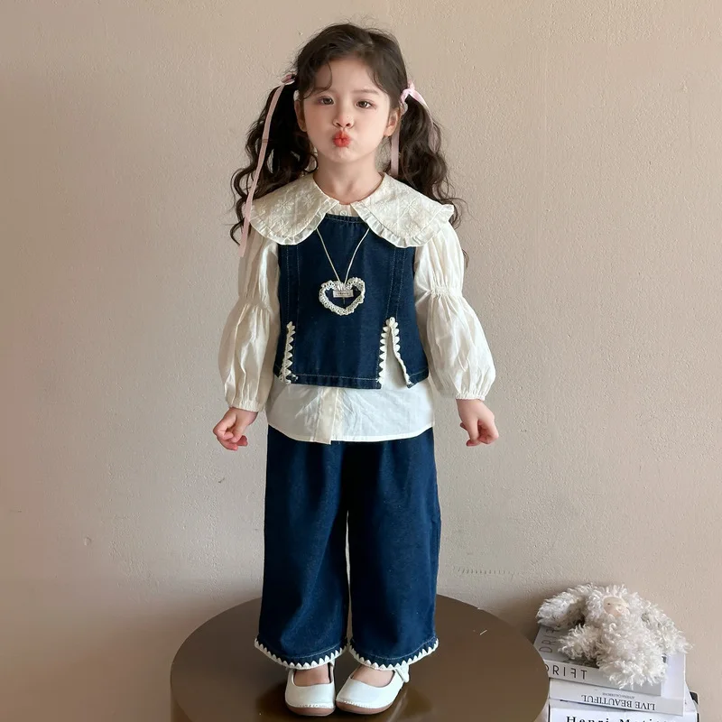 

Baby Girl Outfit for Spring and Autumn2025New Fashionable Children's Shirt Denim Vest Straight Pants Three-Piece Set