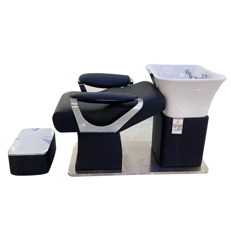 

High-end Ceramic Basin Shampoo Bed for Hair Salon, Semi-Reclining Stainless Steel Washing Bed for Hair Salon