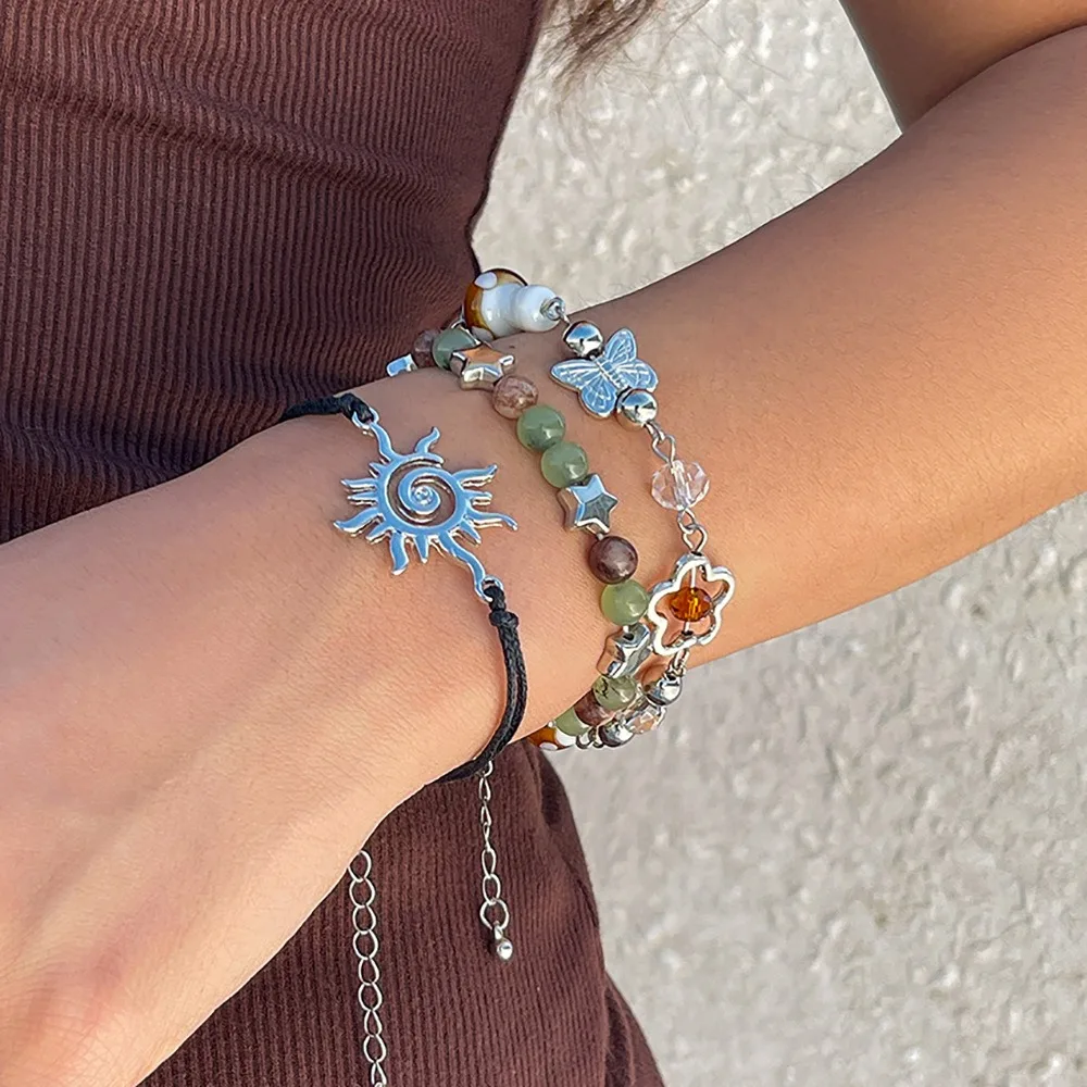 

3 шт. комплект, этнические ретро красочные звездообразные браслеты с грибами, солнцем, бабочкой и кристаллами из бисера для женщин, летние модные комплекты ювелирных изделий