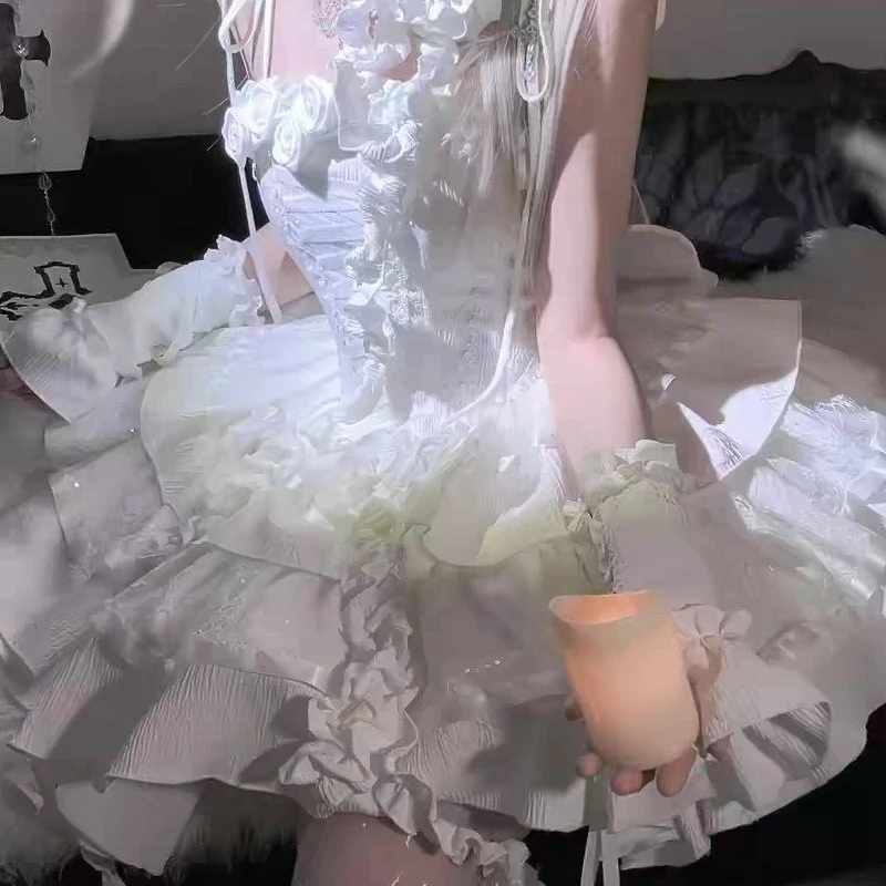 فستان على الطراز الفيكتوري لوليتا الحلو للنساء على الطراز القوطي Y2k الكشكشة زهرة الورد فساتين الأميرة النحيفة على الموضة اليابانية فستان قصير للحفلات