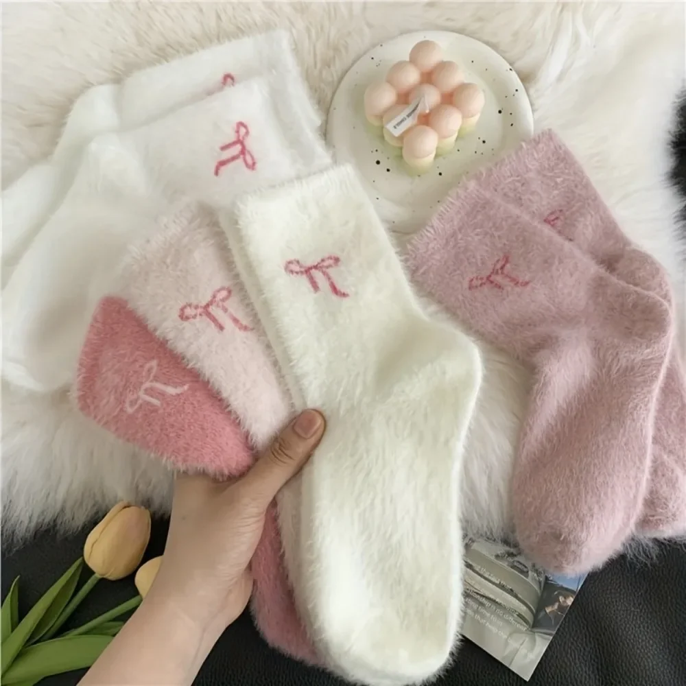 5 Pairs Women'S Winter Socks Sweet Mid Calf Socks with Faux Bows; Thick, Warm Sleep Socks
