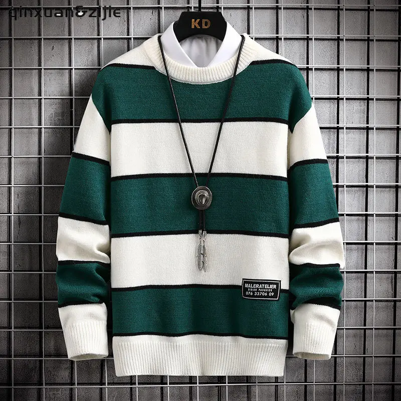 Knitted Sweater Men Cartoon Striped Print Pullover Harajuku Casual O-neck Oversize Top Streetwear Unisex Fall Fashion Korean