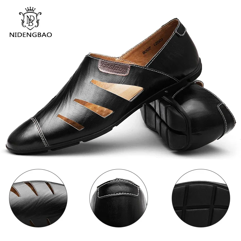 Summer Men Leather Shoes Loafers Breathable Men Footwear Slip On Hollow Out Men Dress Shoes Driving Loafers Zapatos Hombre