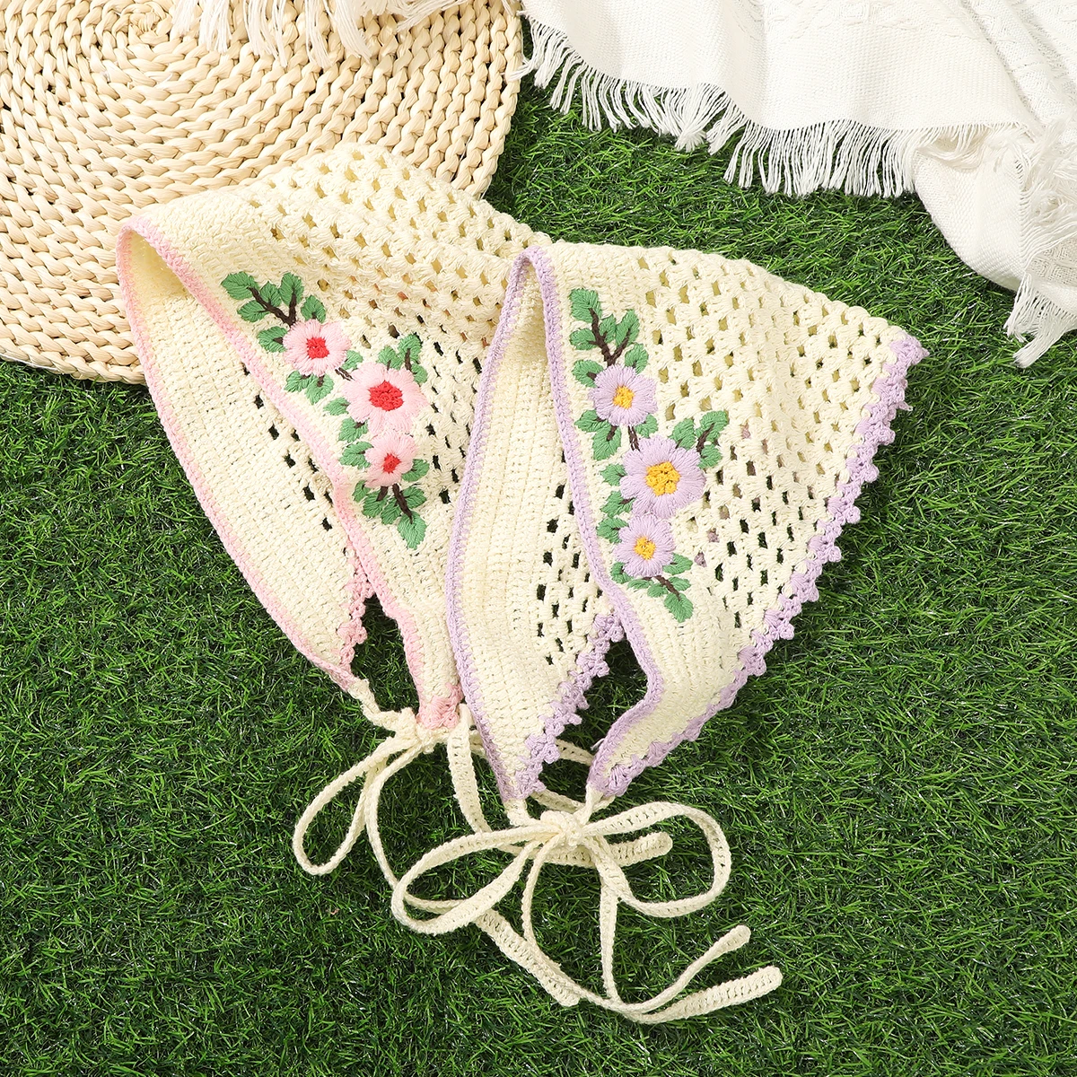 

Fashion Knitting Flower Headband Ribbon Crochet Bandana Weave Turban Triangular Scarf Summer Hair Accessories